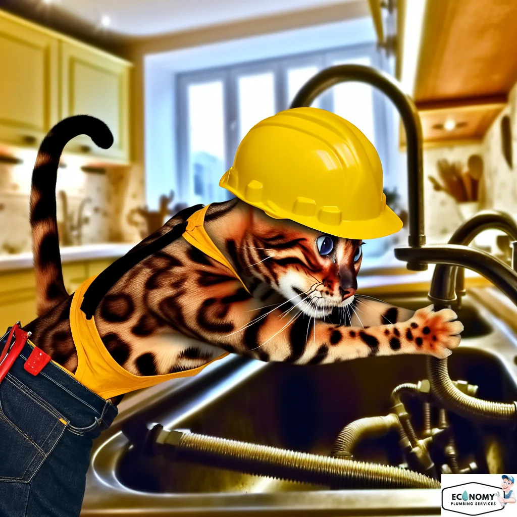 Bengal cat climbing pipes in plumber gear