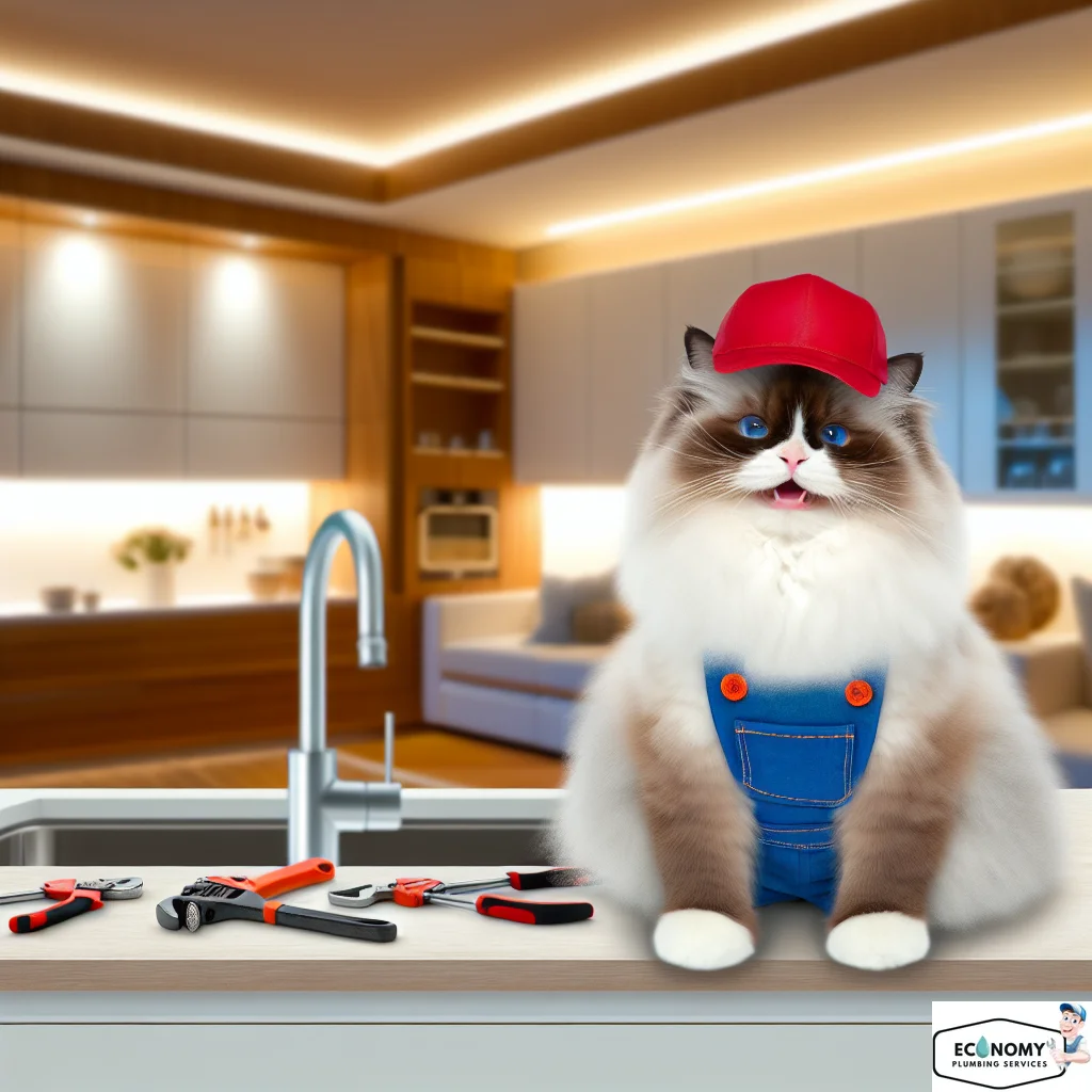 Ragdoll cat in plumber uniform working in bathroom