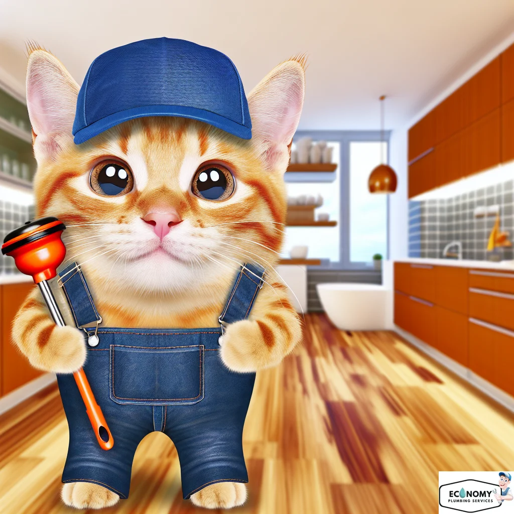 orange tabby cat in plumber uniform working on plumbing