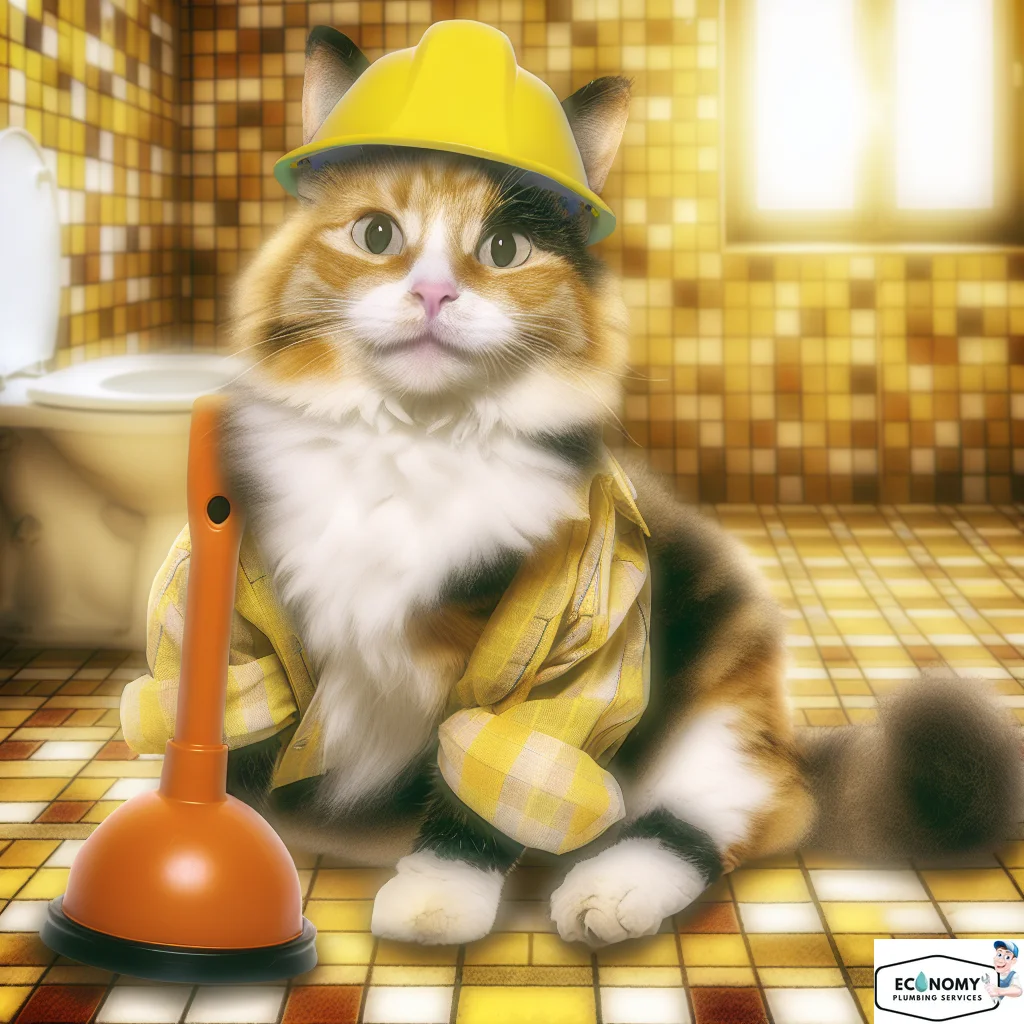 Calico cat in plumber hat working on plumbing