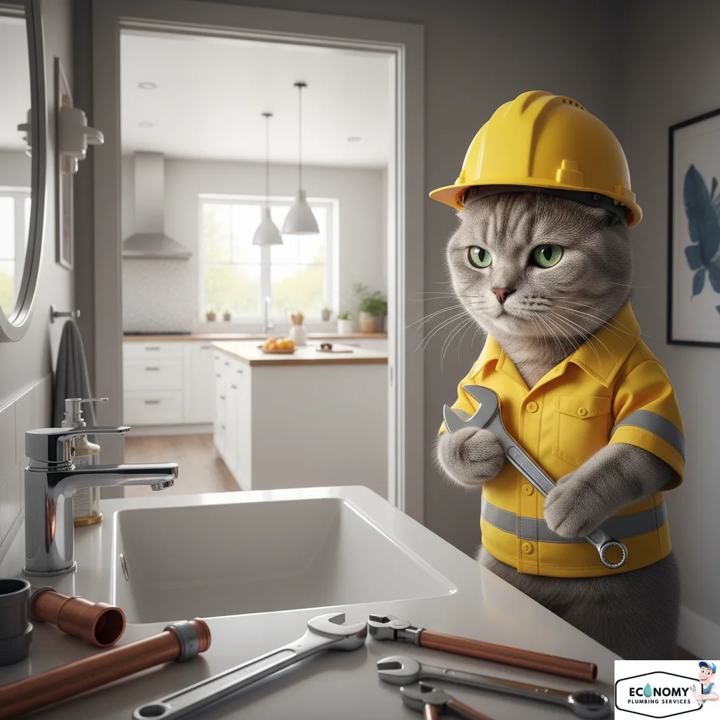 Russian Blue cat studying plumbing blueprints