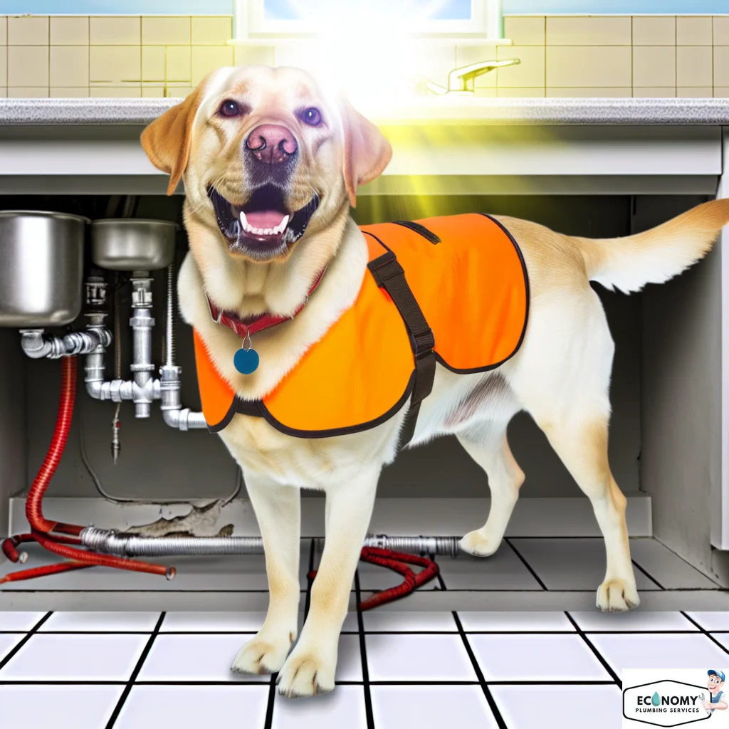 Labrador dog in plumber gear working outside