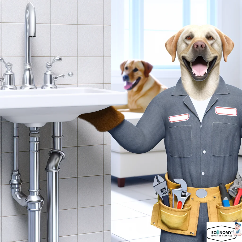Labrador dog in plumber gear working outside