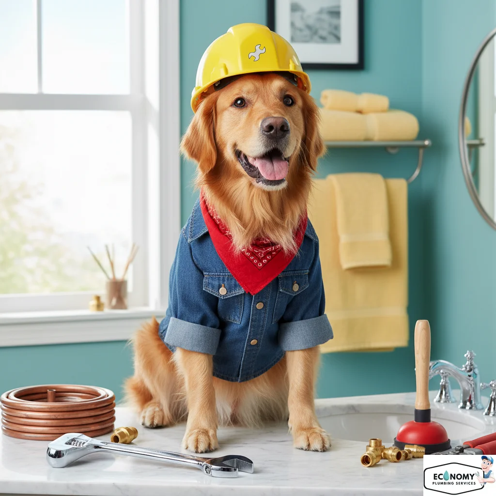 Golden Retriever dog in plumber uniform fixing plumbing