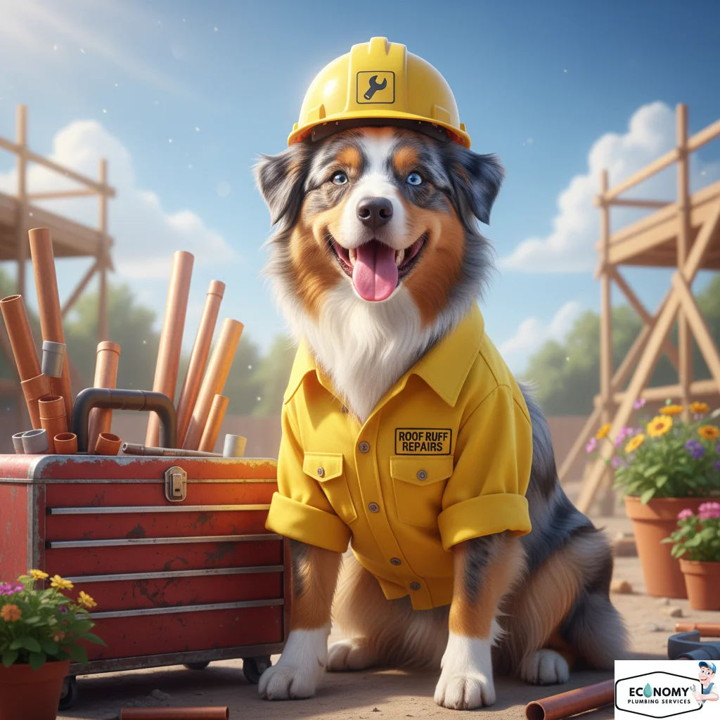 Australian Shepherd dog in plumber uniform fixing pipes