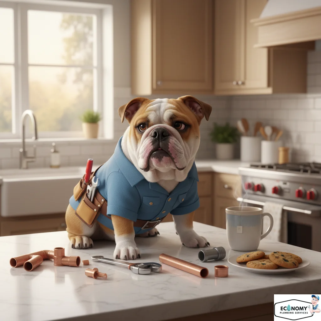 Bulldog in plumber overalls working on plumbing