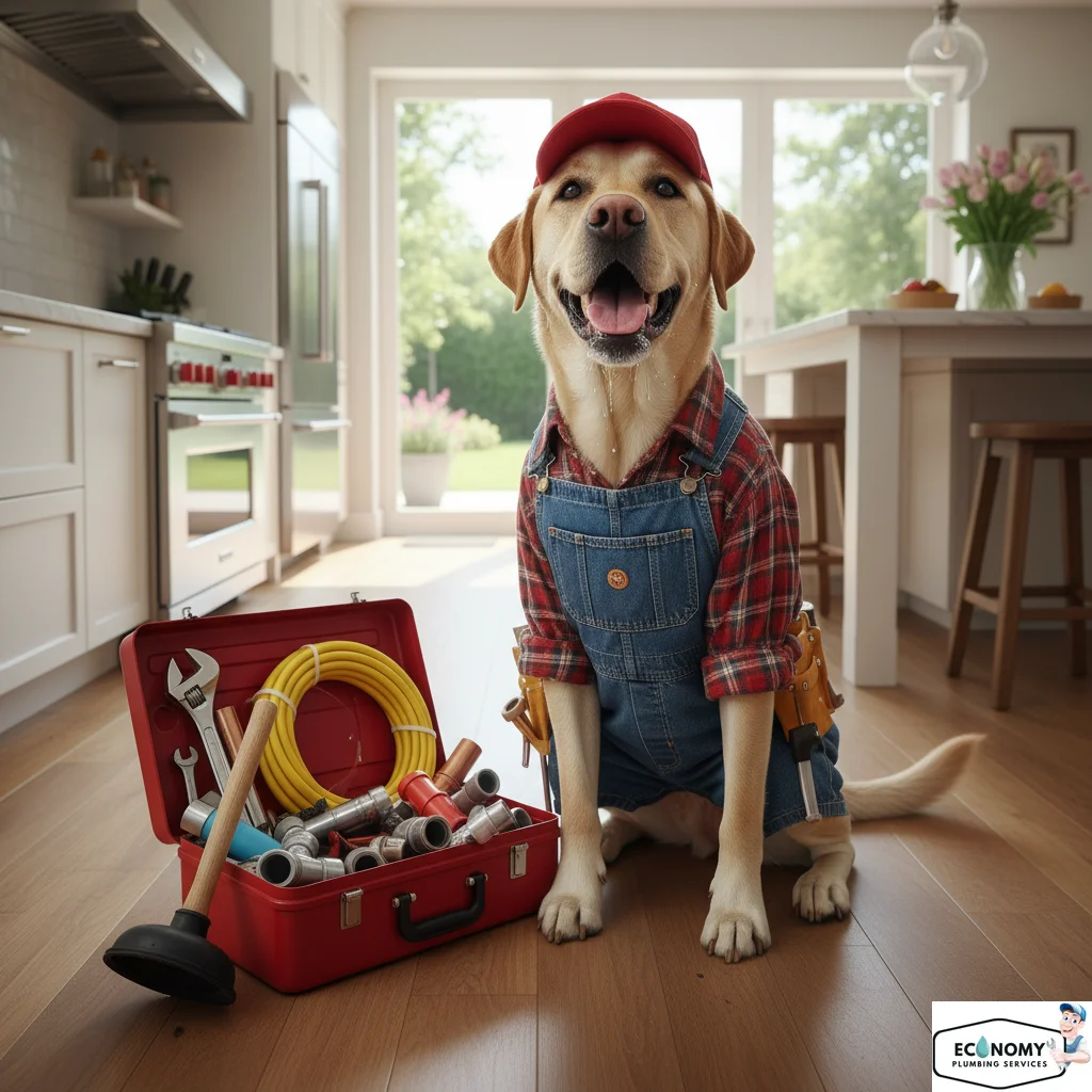 Labrador dog in plumber gear working outside