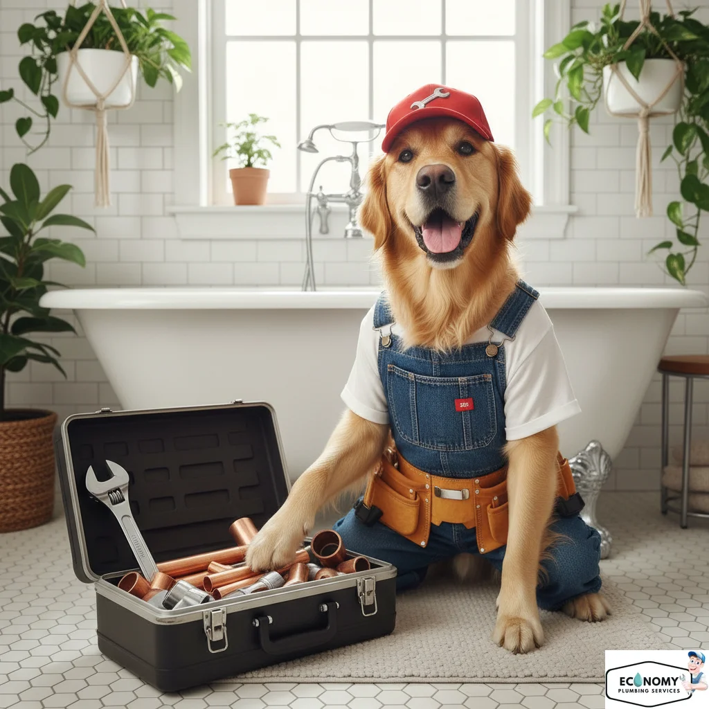 Golden Retriever dog in plumber uniform fixing plumbing