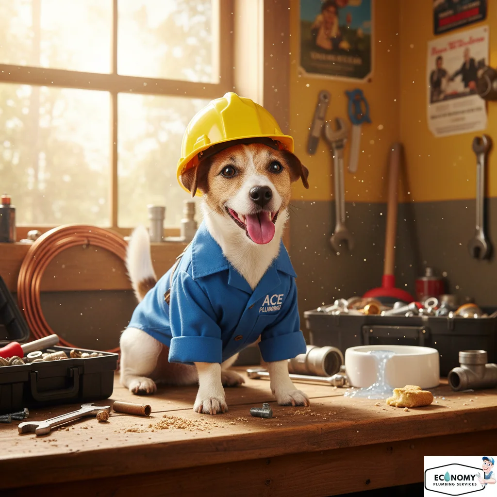 Jack Russell Terrier in miniature plumber uniform