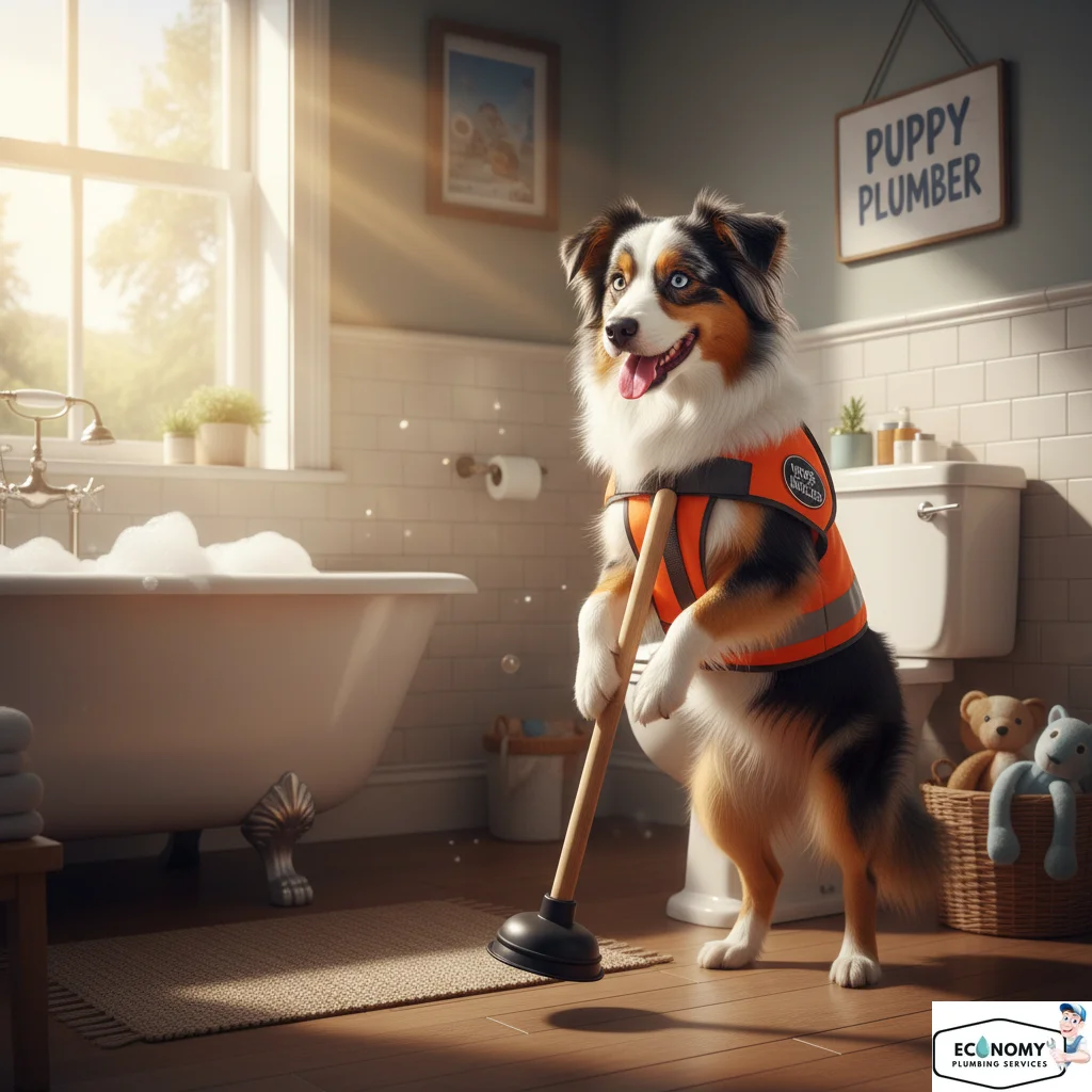 Australian Shepherd dog in plumber uniform fixing pipes