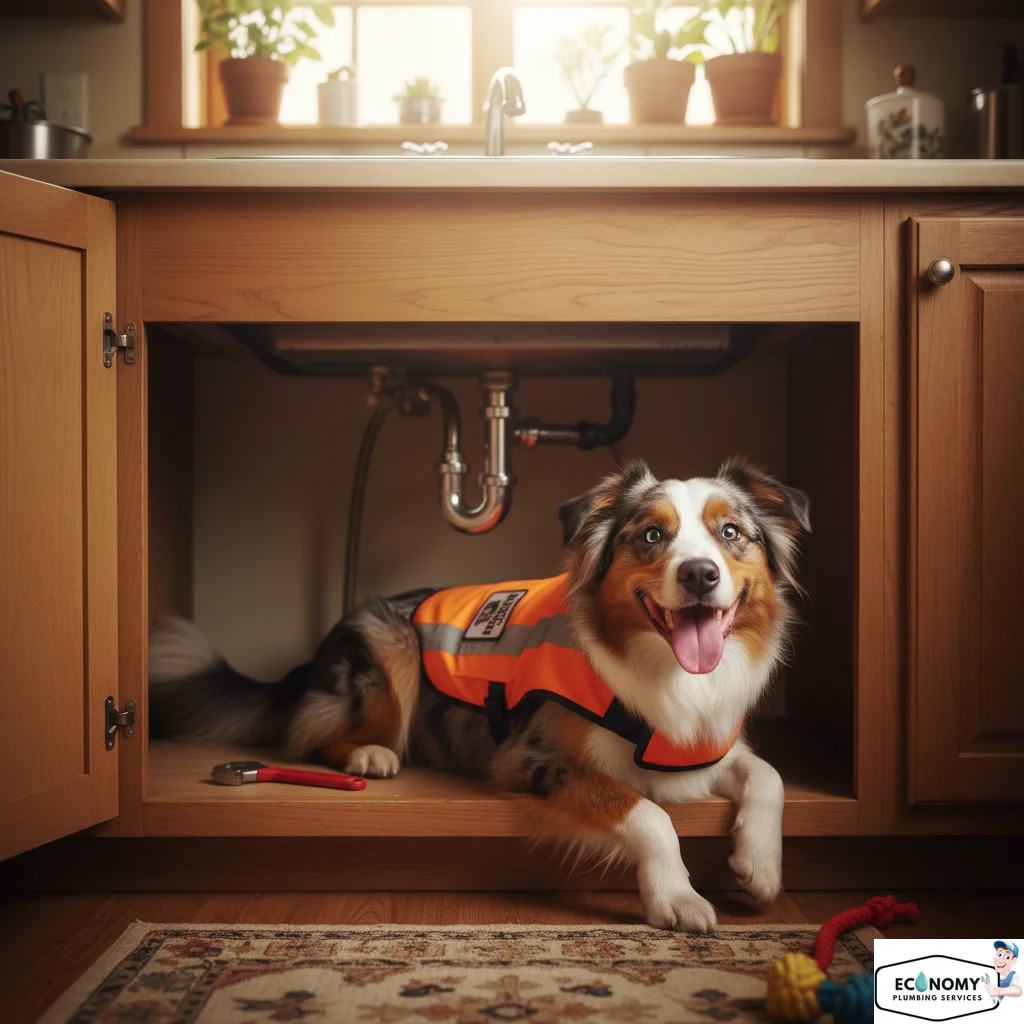 Australian Shepherd dog in plumber uniform fixing pipes