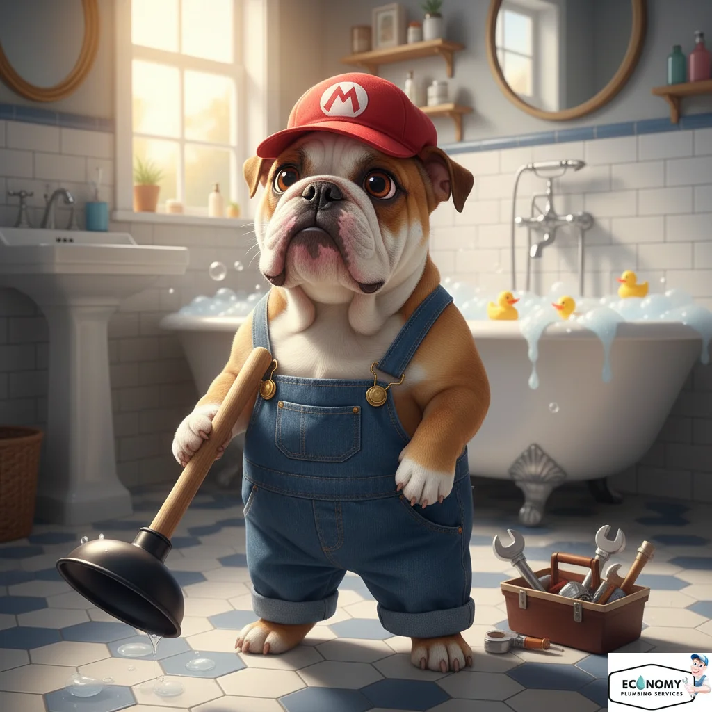 Bulldog in plumber overalls working on plumbing
